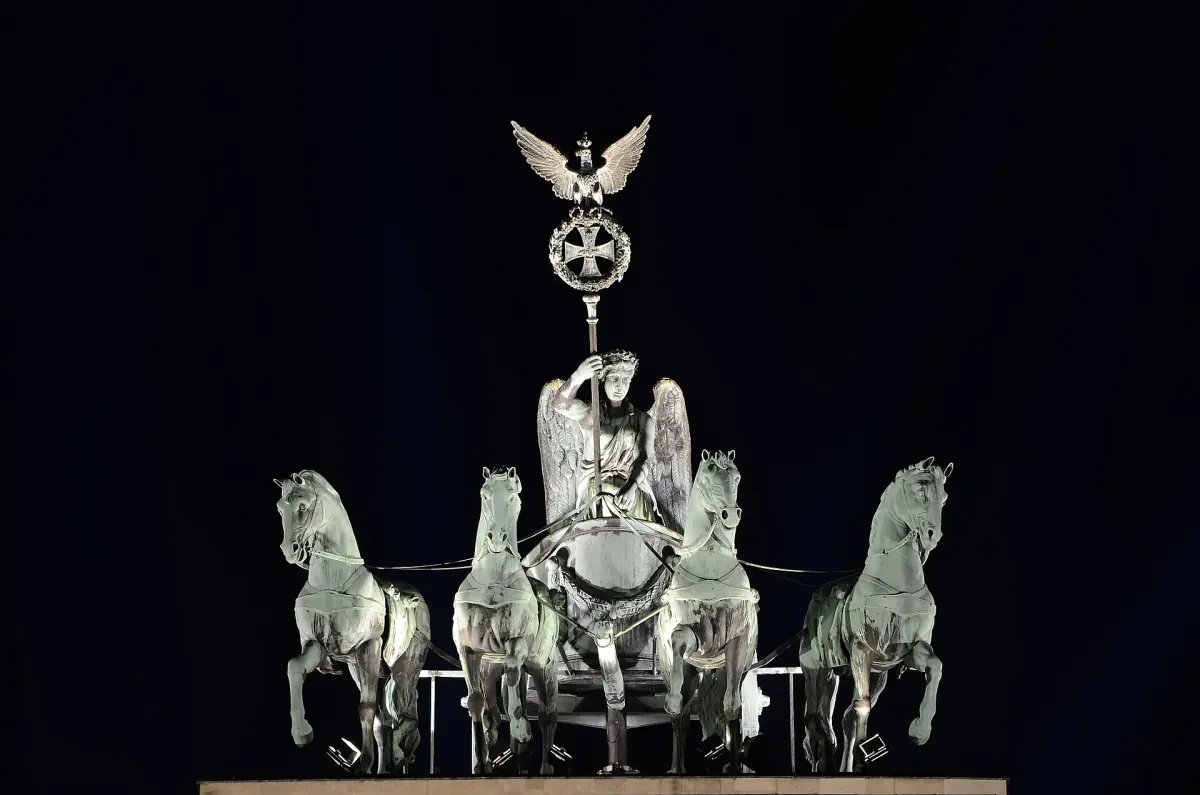 The Quadriga lit up at night